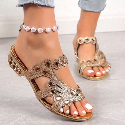 Maya Women’s Low Heel Slip-On Sandals – Rhinestone Cut-Out Design for Dressy Looks