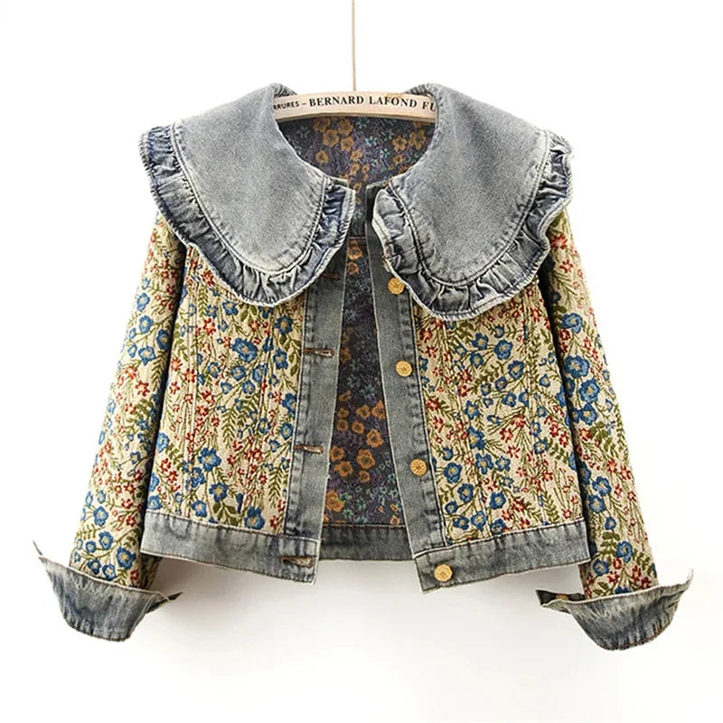 Gian Women’s Denim Jacket – Floral Jacquard Lightweight Cropped Jacket