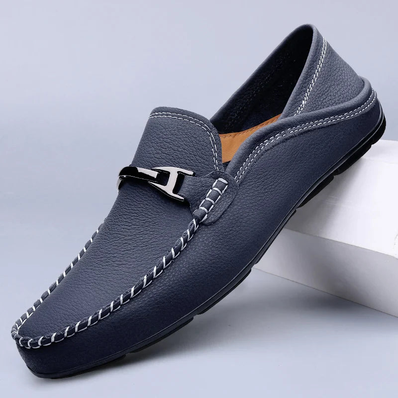 Fabrizio Men’s Leather Loafers – Genuine Cow Leather Slip-On Shoes with Cushioned Insole