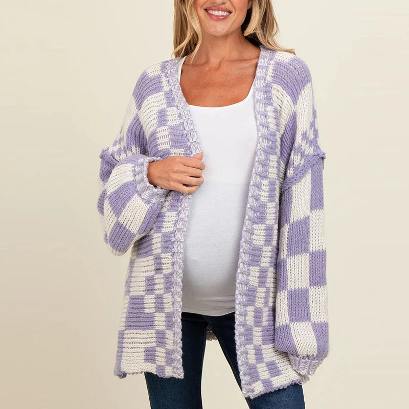 Marina Women’s Wool Cardigan – Checkered Chunky Knit Cardigan