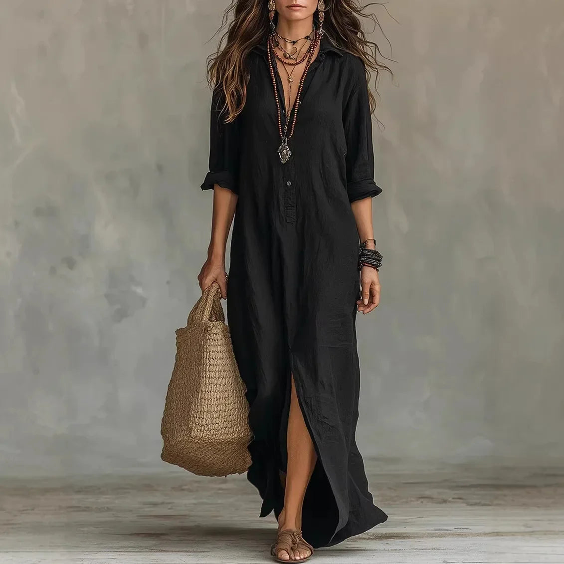 Amara Cotton Linen Shirt Maxi Dress – Turn-Down Collar Long-Sleeve Loose Flowy Silhouette