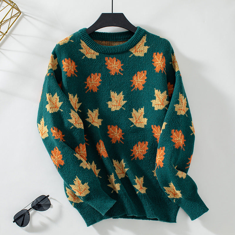 Camille Women’s Knit Pullover – Maple Leaf Pattern Wool Sweater