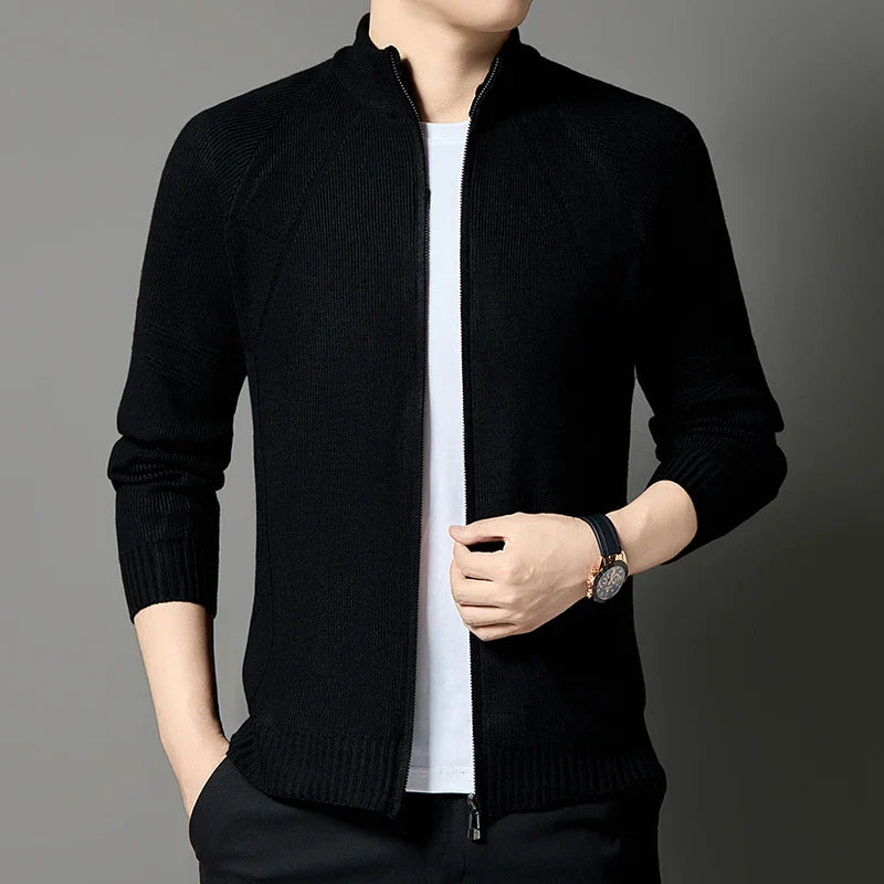 Erwan Men’s Knitted Jacket – Wool-Blend Stand-Up Collar Full-Zip Jacket