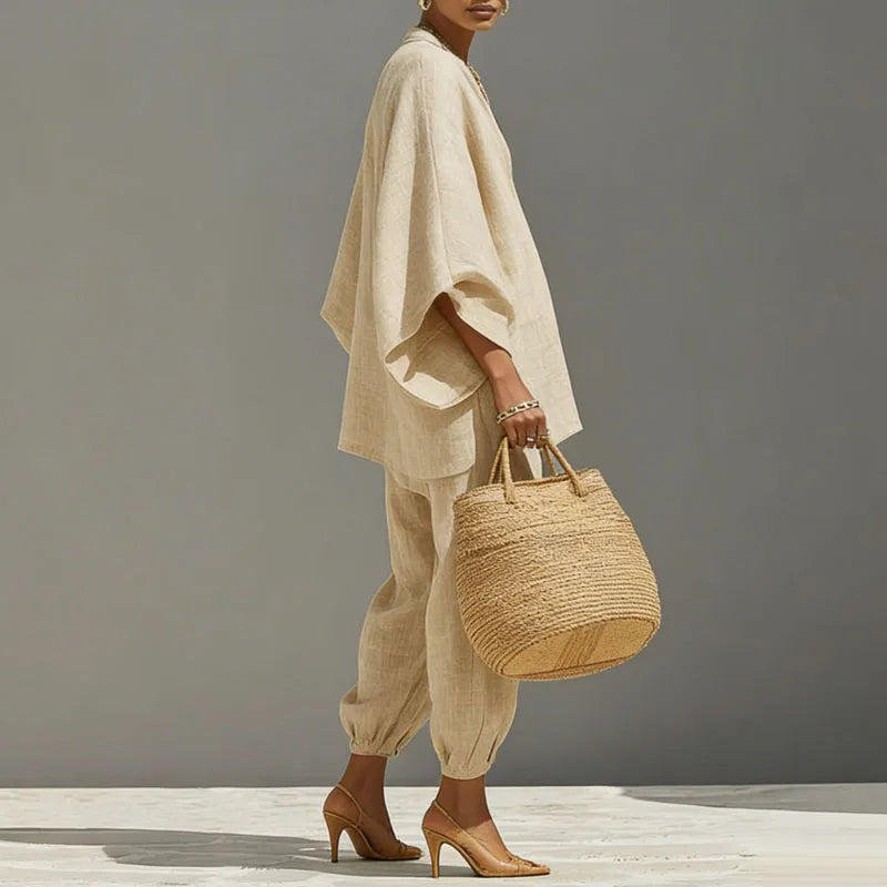 Aiza Linen Two-Piece Matching Set – V-Neck Batwing Sleeve Relaxed-Fit Tapered Suit