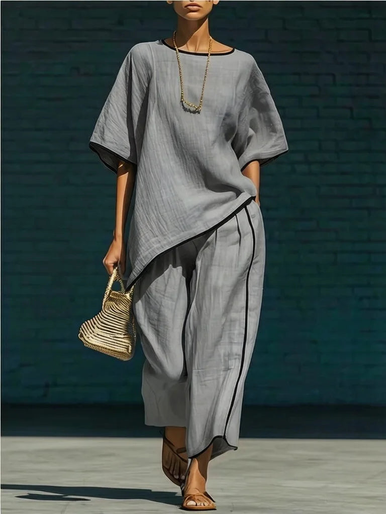 Tracey Cotton Blend Two-Piece Loungewear Set – Round Neck Cropped Wide-Leg Pants