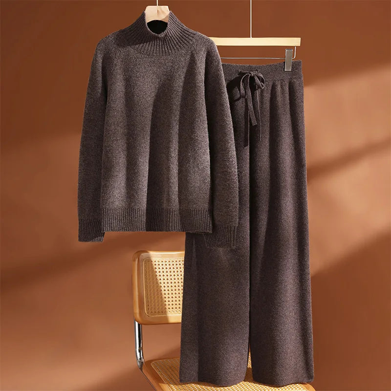 Ruffa Women’s Wool Lounge Set – Soft Knit Pullover & Wide-Leg Trousers