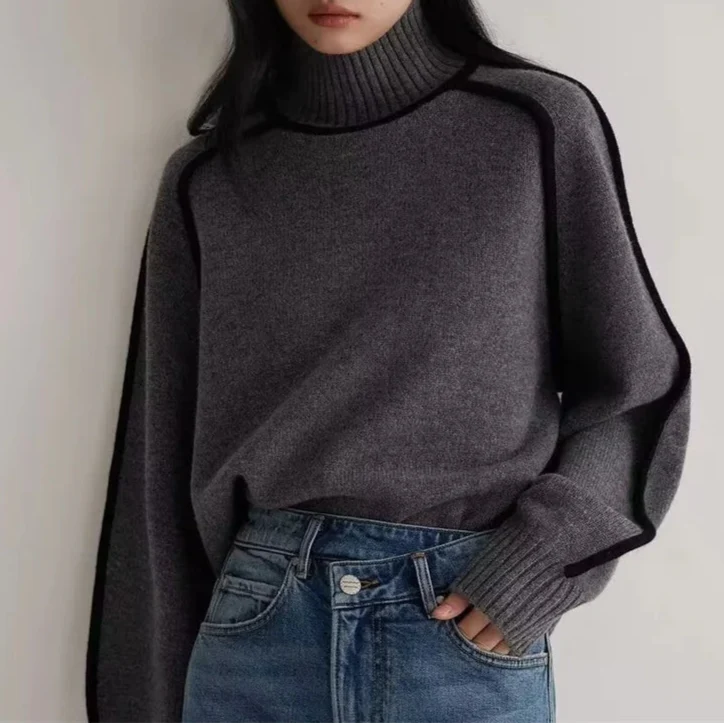 Niana Turtleneck Sweater – Contrast Stitch Knit with Relaxed Fit