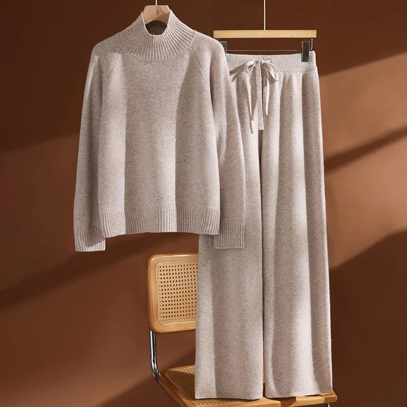 Ruffa Women’s Wool Lounge Set – Soft Knit Pullover & Wide-Leg Trousers