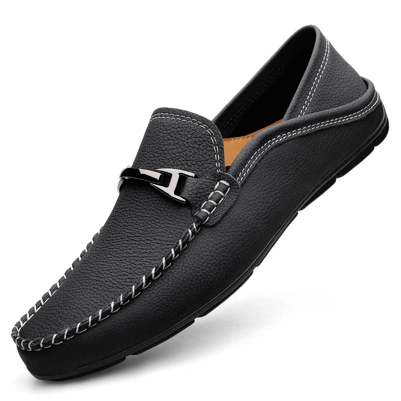 Fabrizio Men’s Leather Loafers – Genuine Cow Leather Slip-On Shoes with Cushioned Insole