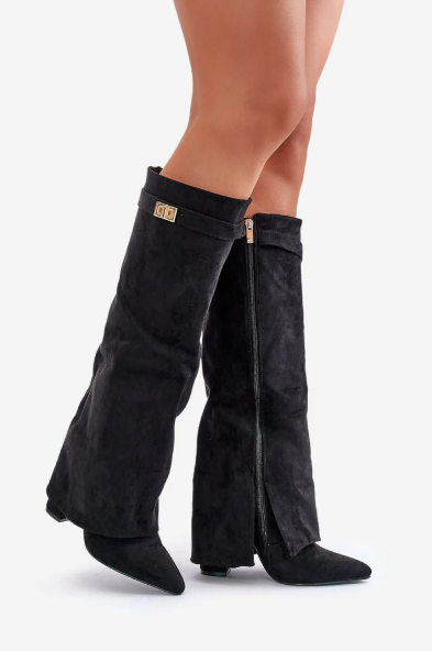 Giulia Women’s Knee High Boots – Flap Overlay Design with Pointed Toe & Block Heel
