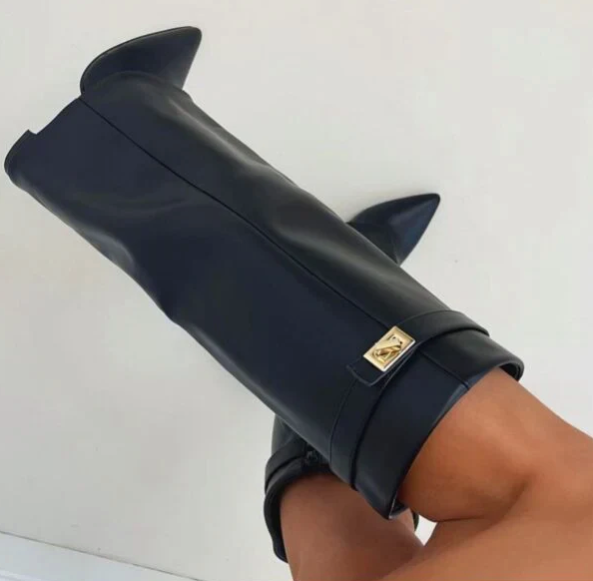 Giulia Women’s Knee High Boots – Flap Overlay Design with Pointed Toe & Block Heel