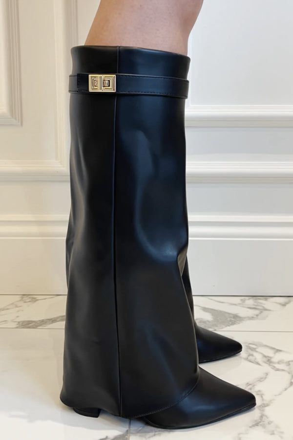 Giulia Women’s Knee High Boots – Flap Overlay Design with Pointed Toe & Block Heel