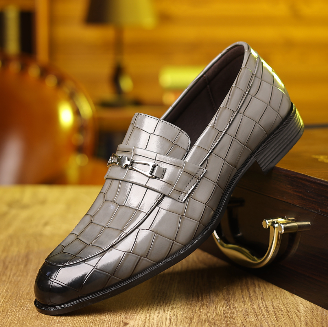 Pietro Men’s Slip-On Loafers – Croc-Embossed Pointed Toe Smart Casual Shoes