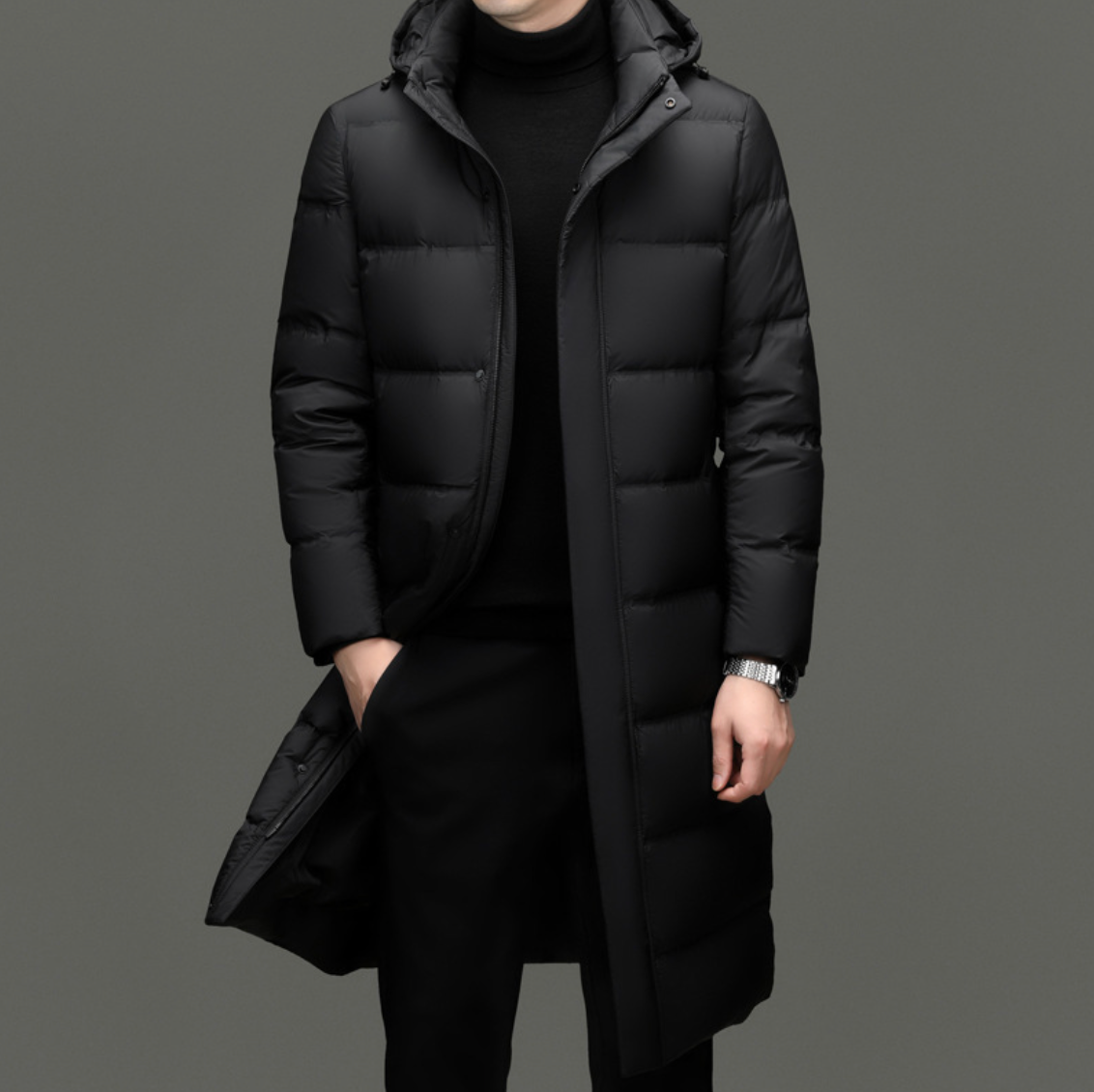Owen Men’s Long Puffer Jacket – Premium Hooded Goose Down Coat