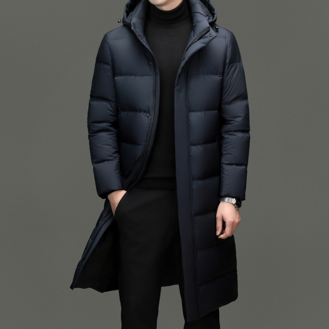 Owen Men’s Long Puffer Jacket – Premium Hooded Goose Down Coat