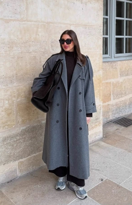 Freeya Trench Coat Women’s Wool Blend – Oversized Double-Breasted Belted Coat