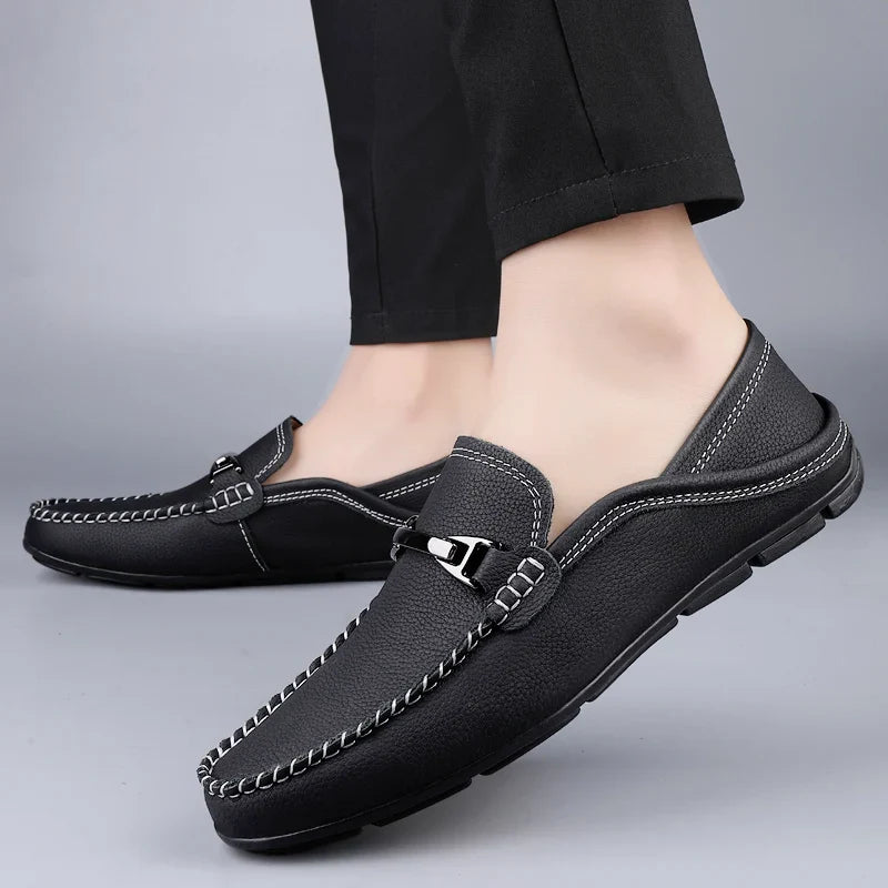 Fabrizio Men’s Leather Loafers – Genuine Cow Leather Slip-On Shoes with Cushioned Insole