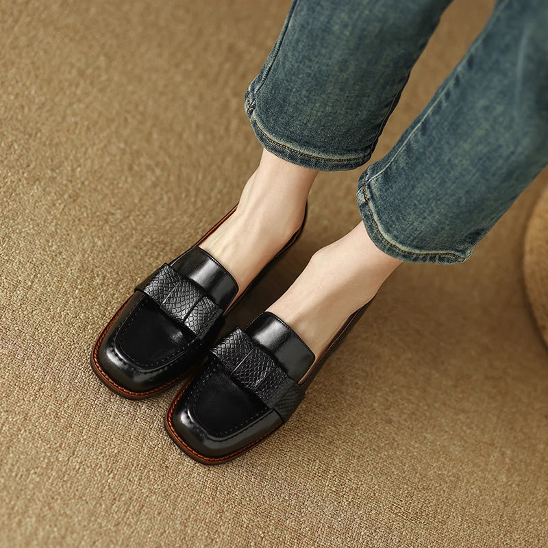 Luciana Women's Leather Loafers – Italian Square Toe Mid-Heel Women’s Shoes