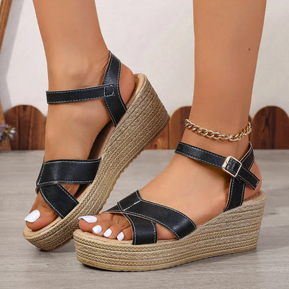 Amelie Women’s Wedge Sandals – PU Leather with Chunky Platform & Adjustable Strap