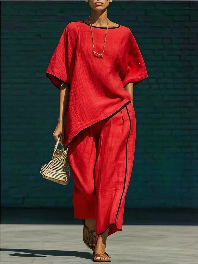 Tracey Cotton Blend Two-Piece Loungewear Set – Round Neck Cropped Wide-Leg Pants