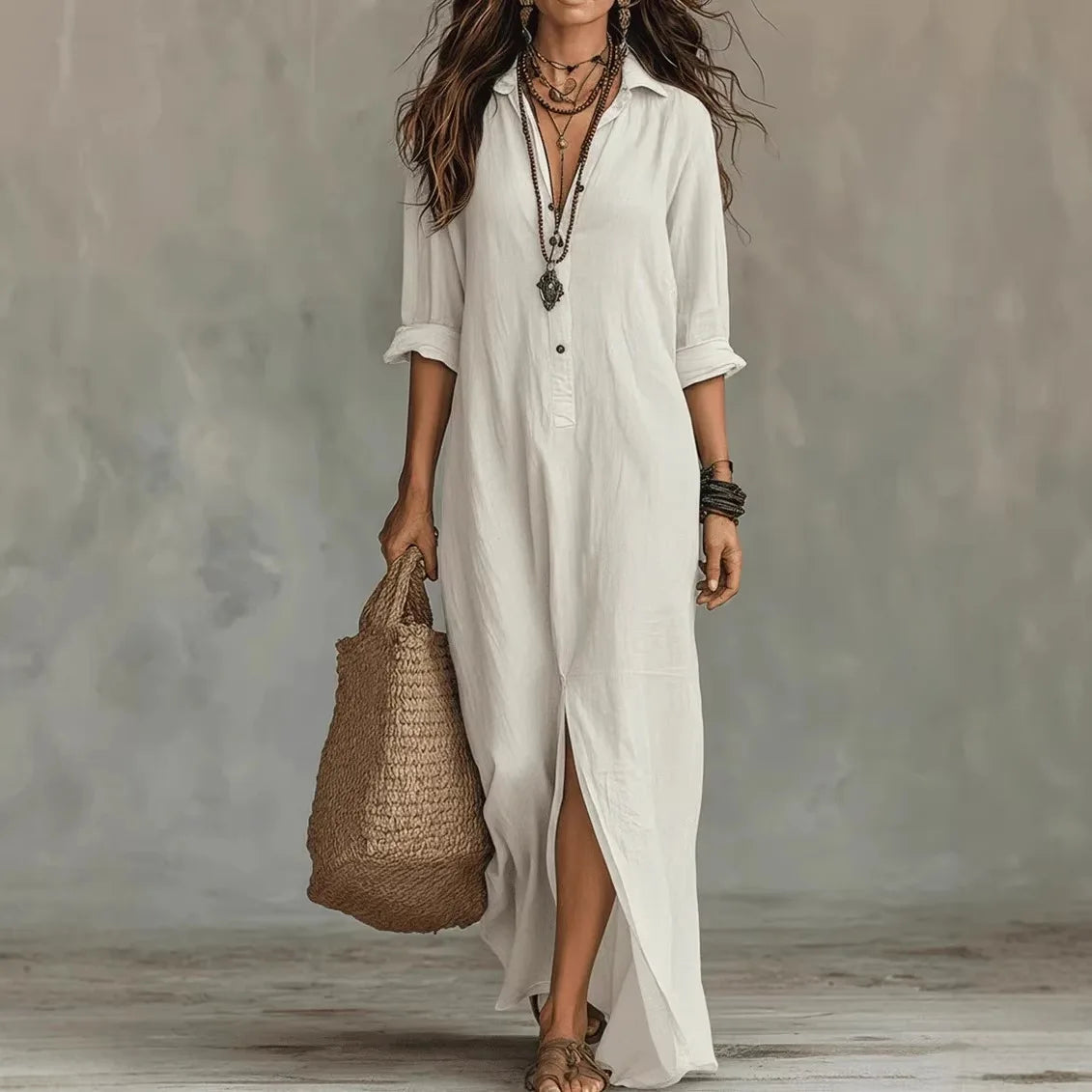 Amara Cotton Linen Shirt Maxi Dress – Turn-Down Collar Long-Sleeve Loose Flowy Silhouette