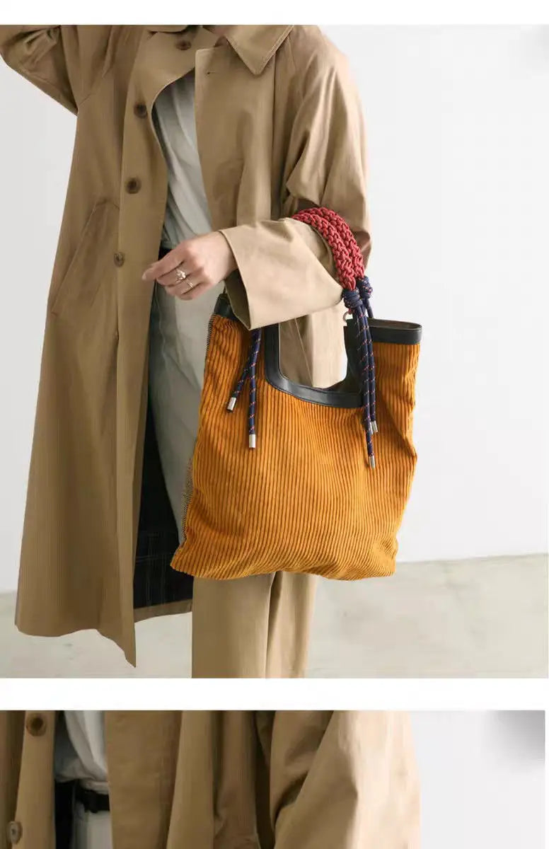 Paola Women’s Tote Bag – Ribbed Corduroy Carryall with Braided Handles