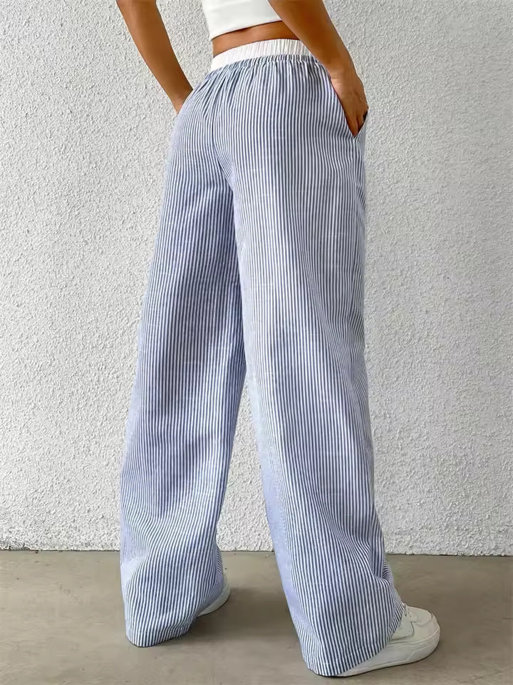 Yssa Women’s Wide Leg Pants – Lightweight Striped Fabric with Relaxed Fit