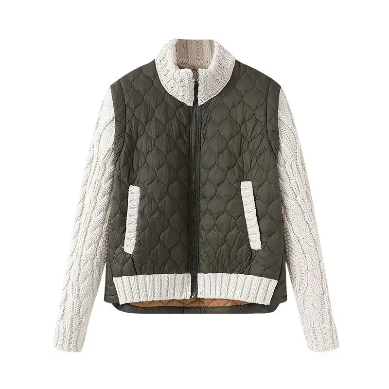 Adelina Quilted Patchwork Jacket – Textured Warmth with Cable-Knit Sleeves