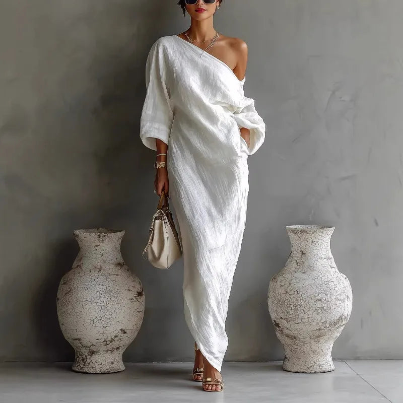 Madonna Textured Linen Maxi Dress – One-Shoulder Asymmetrical Hem Batwing Drape