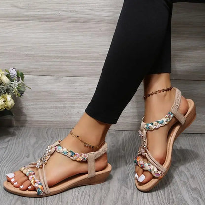 Katrina Women’s Braided Flat Sandals – PU Slip-On with Elastic Back Strap
