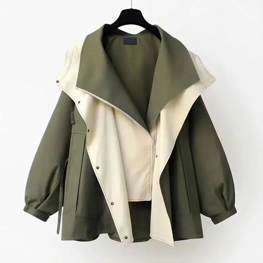 Isla Patchwork Hooded Jacket – Women’s Lightweight Jacket with Turtleneck & Adjustable Fit