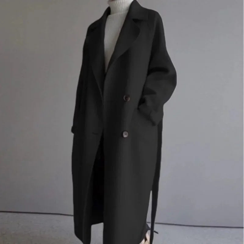 Selena Women’s Coat – Double-Breasted Lapel with Belted Mid-Length Fit