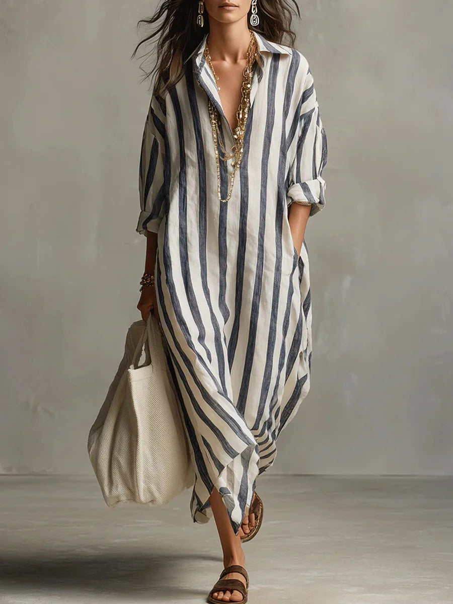 Cyrus Striped Linen Maxi Dress – Turn-Down Collar Loose Fit Rolled-Sleeve Summer Apparel