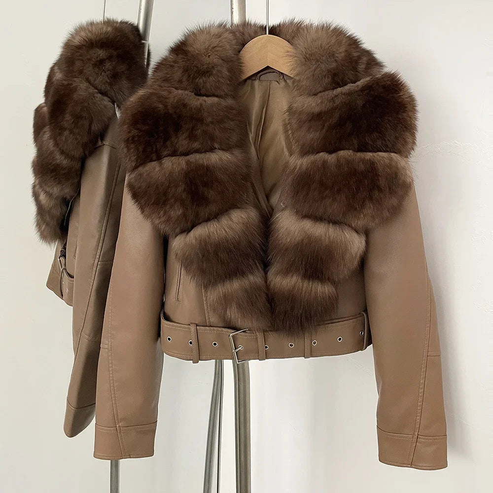 Maybelyn Women’s Leather Jacket – Patent Finish with Faux Fox Collar