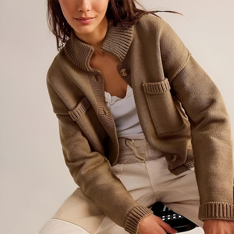 Clarette Women’s Chunky Knit Cardigan – Stretch Cotton-Blend with Walnut Buttons