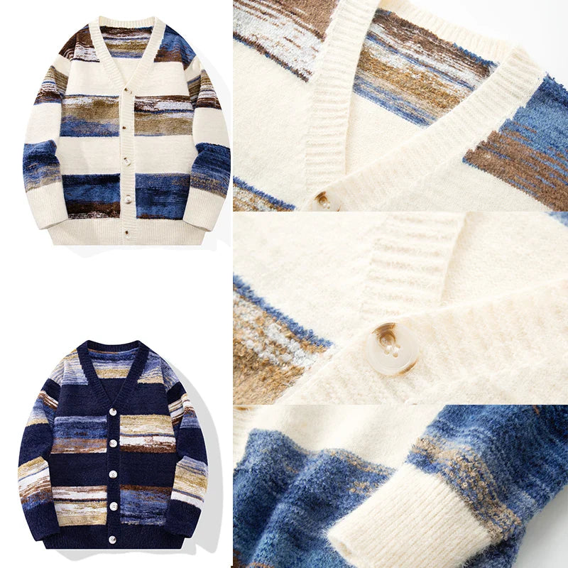 Henry Men’s Cardigan Sweater – Striped Knit with Button Front & Ribbed Hem