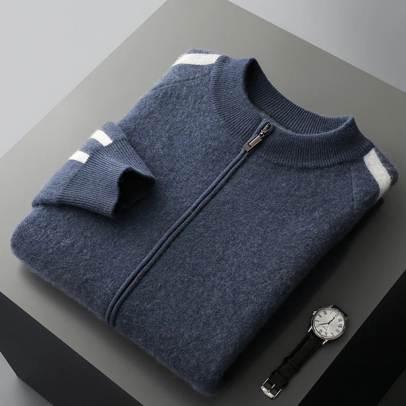 Rodrigo Men’s Wool Zip Cardigan – Wool Knit with Dual Stripe Detailing
