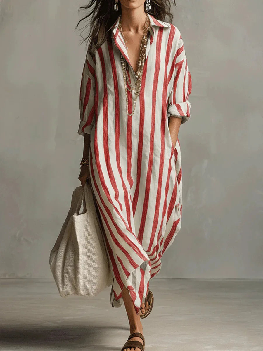 Cyrus Striped Linen Maxi Dress – Turn-Down Collar Loose Fit Rolled-Sleeve Summer Apparel