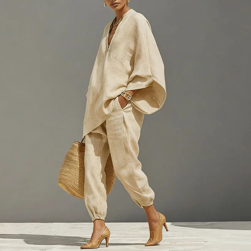 Aiza Linen Two-Piece Matching Set – V-Neck Batwing Sleeve Relaxed-Fit Tapered Suit