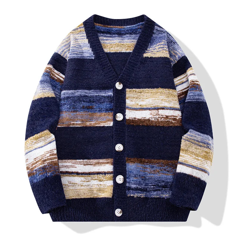 Henry Men’s Cardigan Sweater – Striped Knit with Button Front & Ribbed Hem