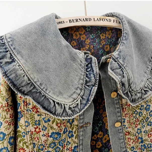 Gian Women’s Denim Jacket – Floral Jacquard Lightweight Cropped Jacket