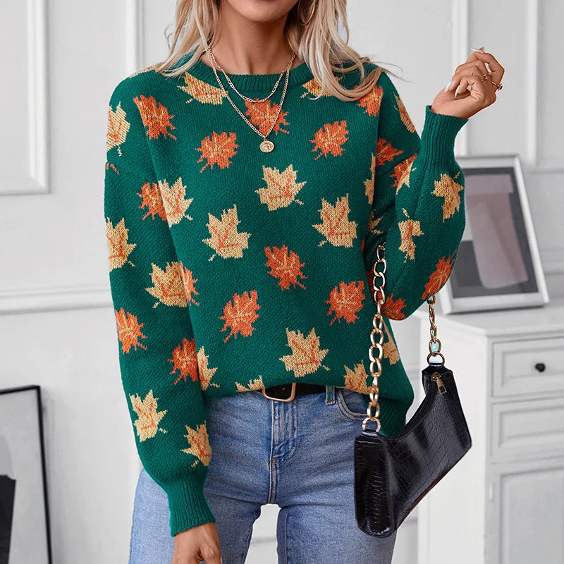 Camille Women’s Knit Pullover – Maple Leaf Pattern Wool Sweater