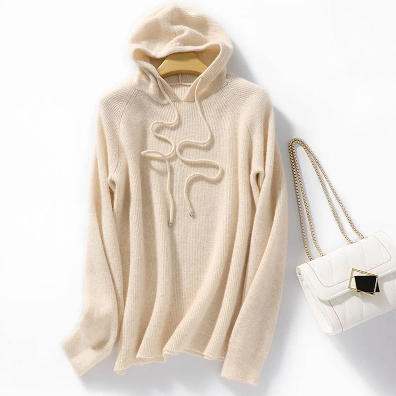 Sarah Women’s Ribbed Knit Hoodie – Soft Wool Blend Relaxed Fit Pullover