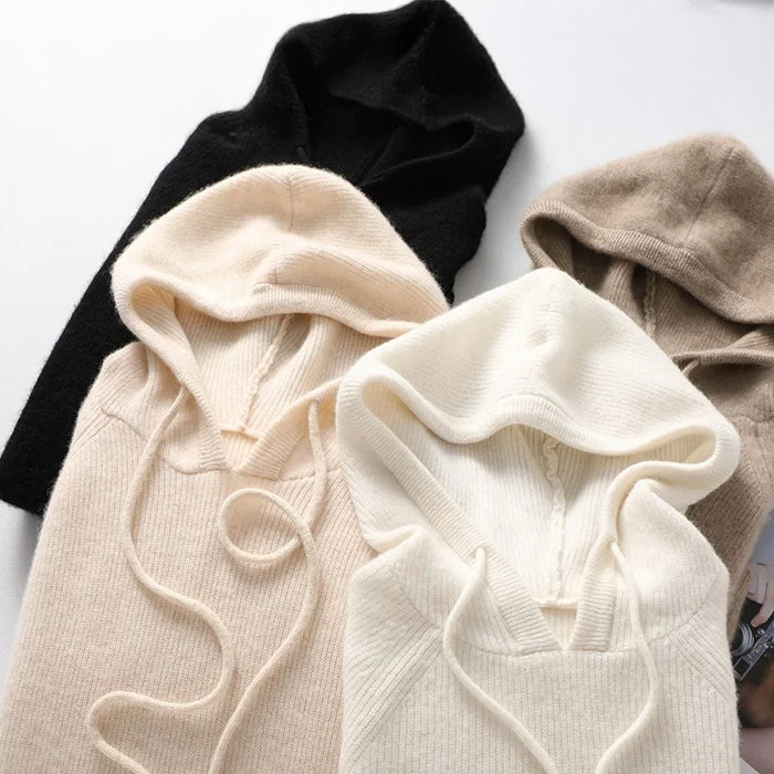 Sarah Women’s Ribbed Knit Hoodie – Soft Wool Blend Relaxed Fit Pullover