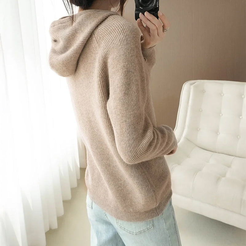Sarah Women’s Ribbed Knit Hoodie – Soft Wool Blend Relaxed Fit Pullover