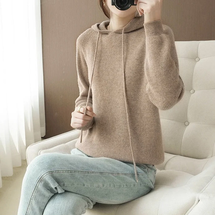 Sarah Women’s Ribbed Knit Hoodie – Soft Wool Blend Relaxed Fit Pullover