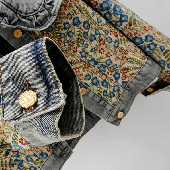 Gian Women’s Denim Jacket – Floral Jacquard Lightweight Cropped Jacket