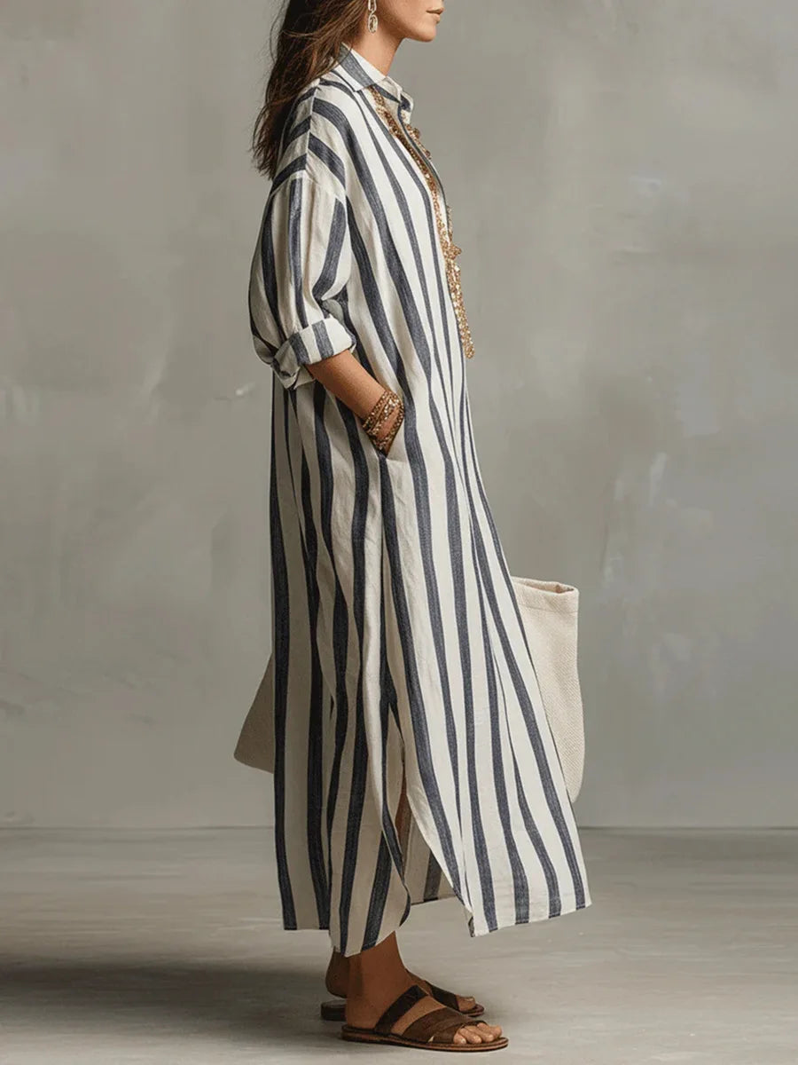 Cyrus Striped Linen Maxi Dress – Turn-Down Collar Loose Fit Rolled-Sleeve Summer Apparel