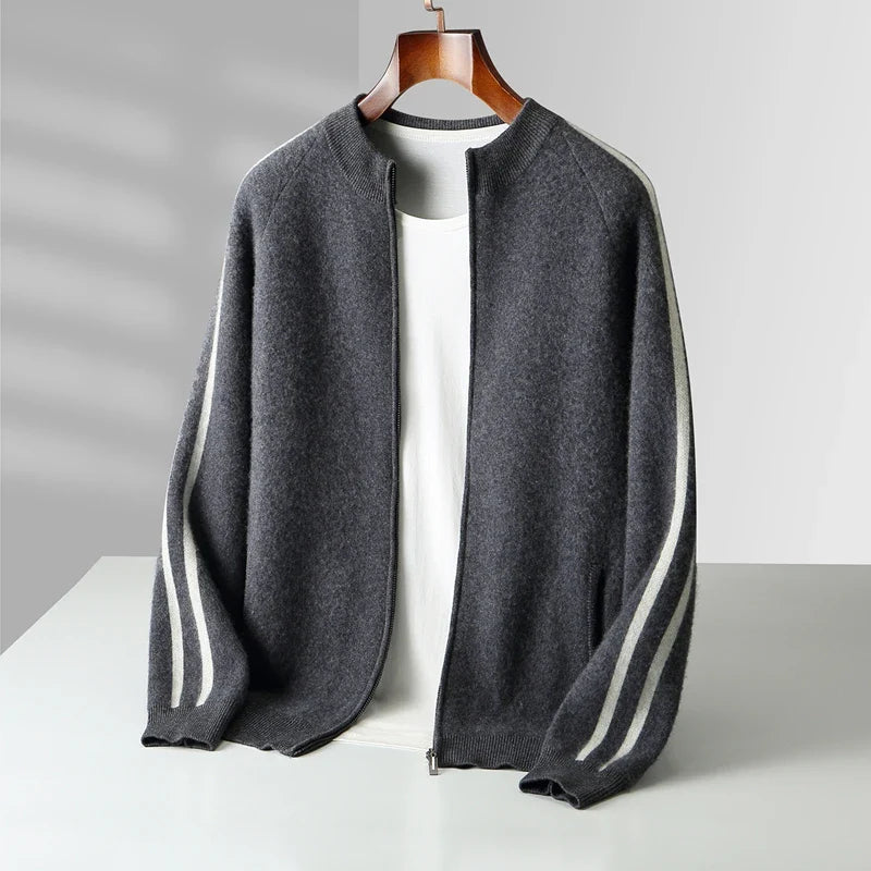 Rodrigo Men’s Wool Zip Cardigan – Wool Knit with Dual Stripe Detailing