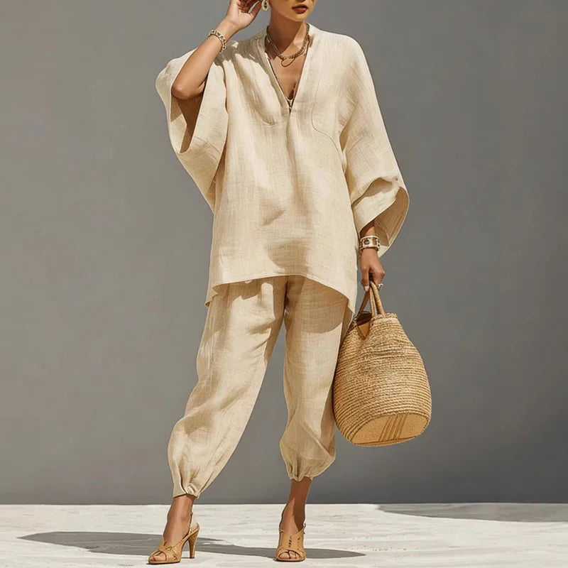 Aiza Linen Two-Piece Matching Set – V-Neck Batwing Sleeve Relaxed-Fit Tapered Suit